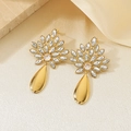 Golden flower drop earrings with crystal leaf design and polished teardrop pendants - Floral Water Drop Pendant Style (KE119650-SP)