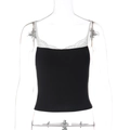 Detail of a slim fit black camisole featuring white lace trim and thin straps - S / Black