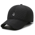 Men's black quilted baseball cap with shield emblem and fashion-printed brim - Adjustable / Black