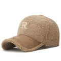 Casquette de baseball en polaire teddy kaki avec broderie lettre R et strass brillants - Réglable / Beige Foncé