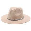 Dettaglio del cappello di paglia a tesa piatta con decorazione a catena in metallo argento - M (56-58cm) / Rosa