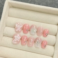 Set di unghie finte rosa con fiori 3D e perle in una scatola di velluto - Extra Piccolo (XS) / Fiore Gentile Rosa (1692 Bara Corta)