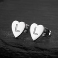 Vintage stainless steel heart stud earrings with engraved letter L and butterfly backing - Letter L / Steel