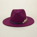 Detail of burgundy wool fedora hat featuring a black leather band and gold leaf metal accent - M(56-58cm) / Burgundy