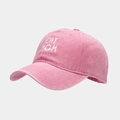 Close-up of pink washed cotton baseball cap with white CAT MOM embroidery details - Adjustable / Pink