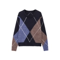 Maglione classico a rombi blu navy e marrone con girocollo e finiture a costine morbide - XS / Blu Marrone Multicolore