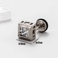 Macro view of square stainless steel stud earring with cubic zirconia and dimensions - Square Frame Zirconia Style (S68)