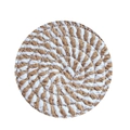 Circular woven cotton rope coaster with a mix of light brown jute and white fibers - Brown White Striped