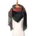 Multi-color plaid scarf with fringes in orange and purple displayed on a mannequin - 135x135x200cm / SJ-35# Green Orange