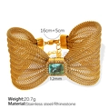 Golden mesh bracelet with bow design and teal square rhinestone centerpiece - Light Blue Rhinestone Gold Bracelet