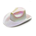 Western white laser cowboy hat with holographic iridescent glowing effect for party events - Adult White-No Light