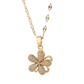Golden titanium steel flower pendant necklace with shimmering white zircon crystals - 9065 Gold Five-Petal Flower