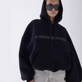 Black oversized streetwear hoodie for women with ETRANGE RULE graphic print and front pocket - S / Thin Style / Black