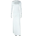 Detail of elegant one-shoulder white maxi dress featuring side pleats and slim fit silhouette - S / White