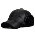 Cappello da baseball in pelle nera invernale con paraorecchie e calda fodera in pelliccia - Taglia unica / Nero