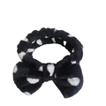 Soft black plush headband with white polka dots and a large bow for skincare - Black with White Dots