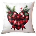 Housse de coussin de Noël avec cœur à carreaux rouges et nœud sur fond blanc - 45*45cm Peluche Courte Simple Face Sans Coeur / CRD16-9 (Cœur à Carreaux avec Nœud)