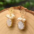 Vintage baroque pearl earrings featuring gold floral metalwork and 925 silver needles - Retro Emerald Pearl Wrapped Earrings