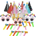 Kids birthday party set with polka dot hats, paper crowns, festive glasses and blowouts - Party Hats + 15 Blowouts + 3 Glasses Set