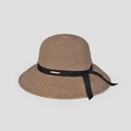 Close-up of woven straw hat featuring black ribbon bow and gold metal logo plaque - M (56-58cm) / Brown