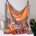 Detailed view of square silk scarf with horse and leopard print in orange and blue tones - Blue Orange Equestrian Pattern Style (FJ749-4)