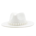 Detailed close-up of white straw Panama hat with elegant pearl chain and woven texture - M (56-58cm) / White