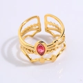 Gold layered stainless steel open ring featuring a marquise-cut red gemstone and crown details - Pink Star Style (JZ27-1)