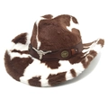 Close-up of plush cow print cowboy hat with brown faux leather band and silver bull emblem - M (56-58cm) / Straight Crown Coffee