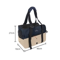 Waterproof navy and beige pet travel bag with breathable mesh windows and size specs - Navy Blue