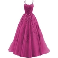 Elegant purple tulle prom dress with spaghetti straps and floral lace appliques - Tops / Rose Red / US size 2