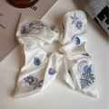 White silk scrunchie with detailed ocean-themed embroidery featuring blue jellyfish - Square Scarf Scrunchie / Mercerized Beige