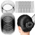 Hair styling set detail with black mesh hair nets and U-shaped wavy metal hairpins for buns - 20 Black Nets + 40 U-Pins / Black