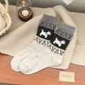 Beige Fair Isle wool socks featuring black geometric patterns and cute white puppy motif - One Size (EU 35-40) / White Base