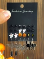 Set of 9 Halloween stud earrings featuring ghost pumpkin bat and spider web designs - Ghost Pumpkin Black Cat Multi-Pair Style (N-239)