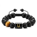 Handmade tiger eye and lava stone beaded bracelet featuring golden letter U charm - Letter-U