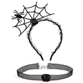 Detail of Halloween spider web headband and lace choker set with rose decorations - 17# Black Spider Set