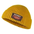 Detail of ginger yellow knitted beanie with brown leather sport fashion patch and rivets - L (58-60cm) / Yellow