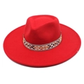 Red wool fedora hat with a wide brim and ethnic embroidered band for classic winter style - M (56-58cm) / Red