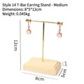 Medium T-shaped jewelry stand with gold metal beam and solid wood base, 8x5x12cm - T-Shape Round Earring Stand - Medium