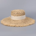 Detailed texture of raffia straw hat with cream ribbon and frayed edge - M (56-58cm) / Beige
