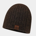 Detail of chunky knit beanie texture in dark brown with a snowflake leather patch - One Size / Coffee