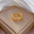 Detail of gold-plated double-layer open ring featuring micro-pave cubic zirconia accents - Adjustable Open / Real Gold Plated Double Layer Zirconia Style (J0110)