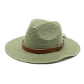 Close-up of sage green woven Panama hat with brown leather band and silver buckle - M(56-58cm) / Army Green