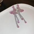 Macro detail of butterfly tassel earrings with pink zircons and drop-shaped gems - 35# Silver Needle - Pink - Butterfly.