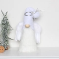 Detailed view of a white plush Christmas gnome with feather wings and silver ribbon - D2-29 White Angel Gnome