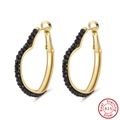 S925 sterling silver hoop earrings with gold plating and faceted black crystal accents - Black Heart Hoop - Gold