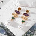 Bohemian geometric earrings with purple green glitter and white baroque pearls - Purple Green