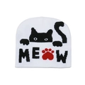 Close-up of white knitted beanie featuring a black cat jacquard and red paw Meow text - M (56-58cm) / White
