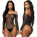 Black off-shoulder rhinestone fishnet bodysuit with long sleeves and glitter details - One Size / Top(6241) / Black
