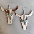 Western style bull head earrings with leopard print leather and turquoise cactus detail - 2-Brown and White Fur